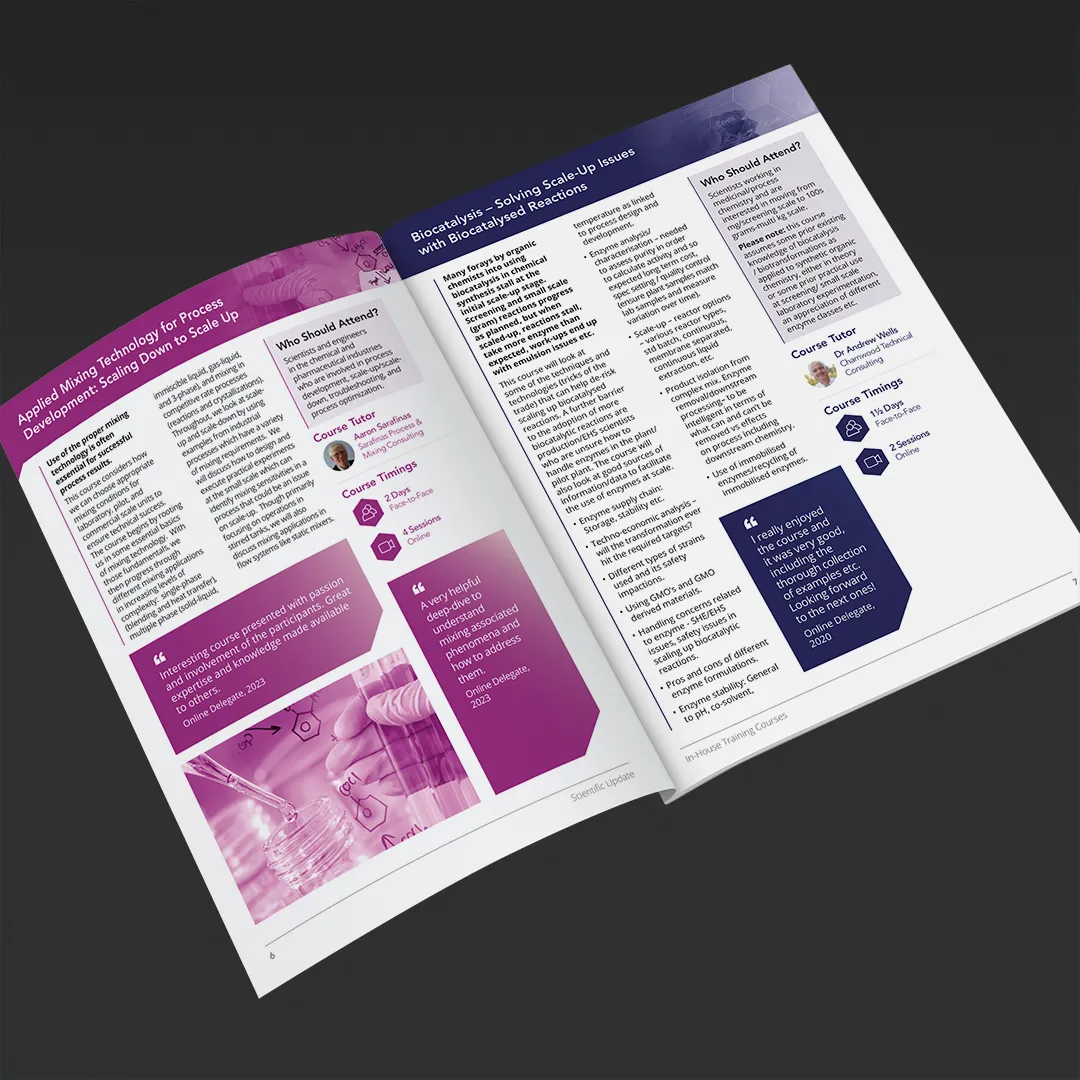 The Scientific Update In-House Training Courses brochure, designed by Wisdom Design's Essex-based print design team.